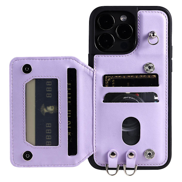 Telefonfodral för iPhone 15 Pro Max Rfid Blocking Pu Läderbelagd TPU-skal med handledsrem Purple