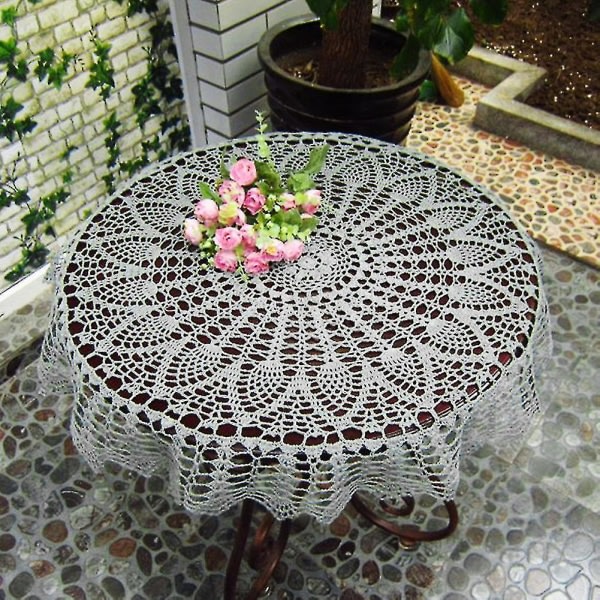 Pyöreä puuvillainen käsin virkattu ontto pöytäliina hääruokapöydän cover valkoinen 80cm