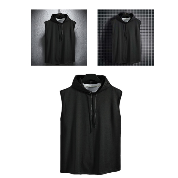Ärmlös luvtröja för män Gym Sweatshirt Väst Topp Hudvänlig Polyester Enfärgad svart L