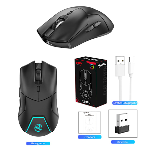 HXSJ T40 Trådløs Mus 2.4G+BT5.1+BT5.1 USB-mottaker Trippel Modus Mus med 7 RGB-lys Gamingmus for PC Datamaskin Notebook Oppladbar