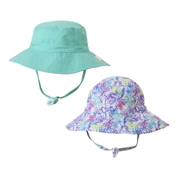 2st Baby Beach Hat - Storlek S (50) - Blågrön + Lila Blomma