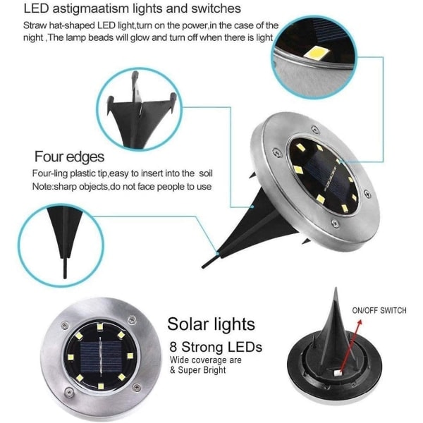 Solcellelamper for utendørs 8 LED, solcelledrevet hagegulvlampe, utendørs gulvlampe hagelamper IP65 (8 varm hvit)