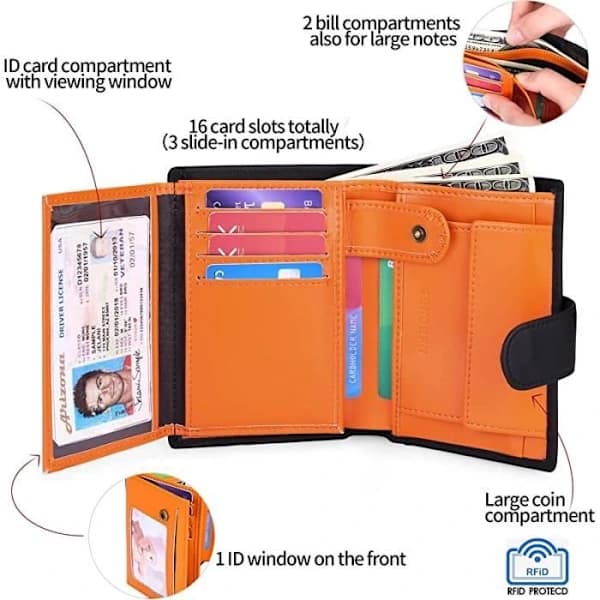 Läderplånbok för män, tri-fold - RFID - 19 fack - SVART MED ORANGE