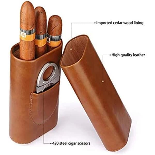 Högkvalitativ tre-finger humidor i brunt läder med cederfoder