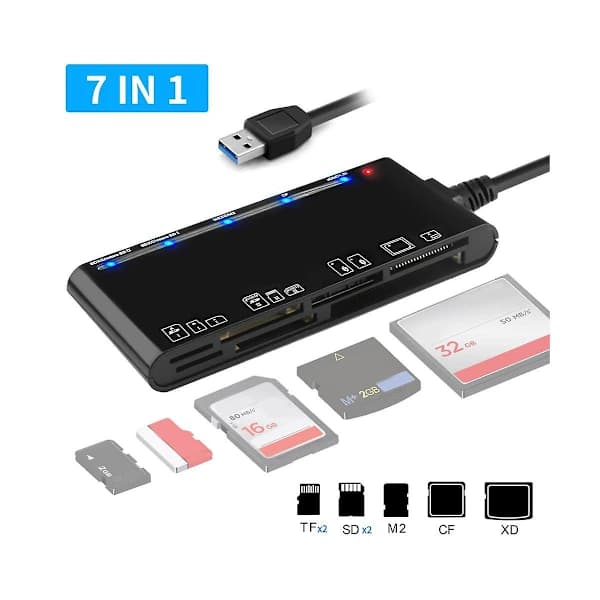 7 i 1 USB 3.0 Multifunksjonskortleser /xd//sd/tf-kortleser for Windows Vista/xp/7/8/10/, Linux Svart