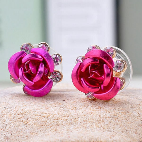 Dejlig legering Delikat Kvinder Diamante Flower Stud Øreringe Smykker Tilbehør (Rose Red)