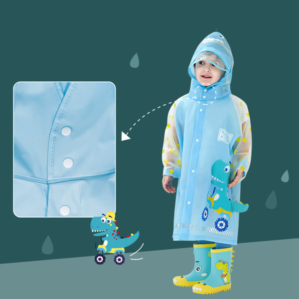 Børn regnfrakke børnehave børn tegneserie regnfrakke udendørs vandtæt baby regnjakke Blå dinosaur M