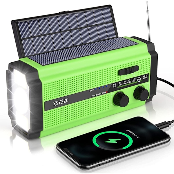 Solradio med håndsvev, AM/FM USB Nødradio Powerbank 5000mAh Green Grön