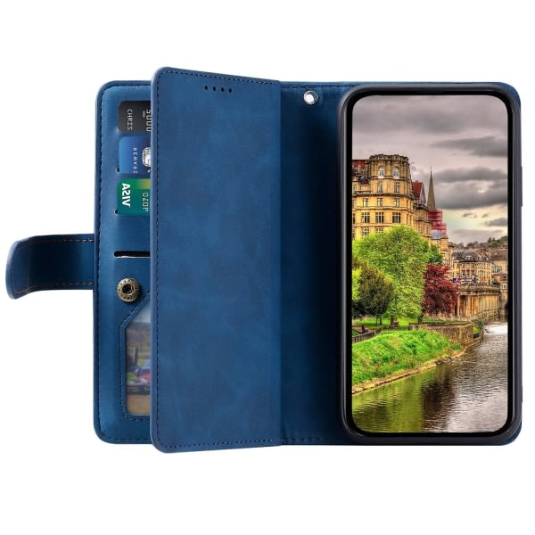 För Iphone 14 6,1 tums blixtlåsficka Design 9 kortplatser Case Magnetstängning Stativ Cover med rem Sininen