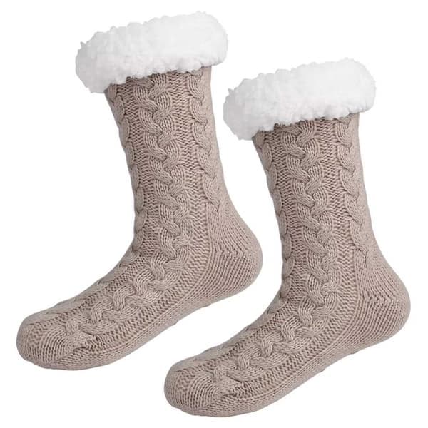 Luddiga Varma Stickade Socktofflor med Halkskydd Beige—pa