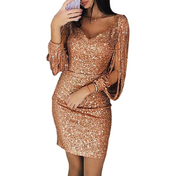 Kvinde Paljetkjole Glitter Sparkle Sexy Dyb V-hals Kort Kjole Over Knæ Lang Tassel Ærme Kjole Guld XL
