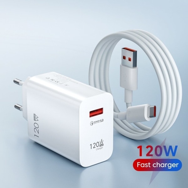 120W USB-lader Hurtiglading QC3.0 USB C-kabel Type C-kabel Mobiltelefonlader for Huawei Samsung Xiaomi Hurtiglading EU-Hvit-10A