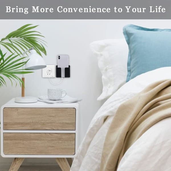 4 Pack Wall Mounted Phone Holder with Adhesive Tape, Charging Stand with Data Cable Hole, Multifunctional Bedside Storage Box