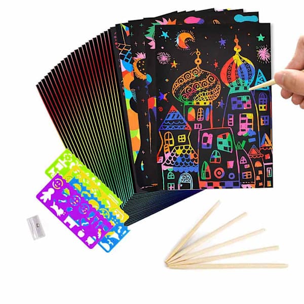 50-delt Scratch Art-sæt - Regnbuepapir & Pen til børn 8-12