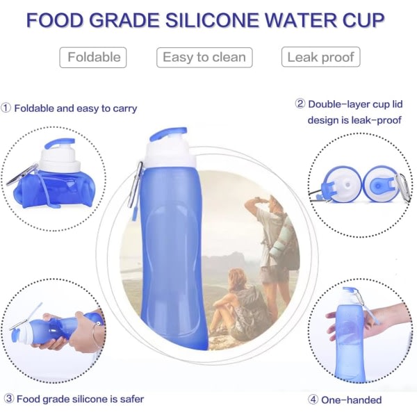 Sportvattenflaska BPA-fri (blå), 500 ml Ultralätt vattenflaska Hopfällbar vattenflaska Läcksäker sportvattenflaska för fitness yogavandring