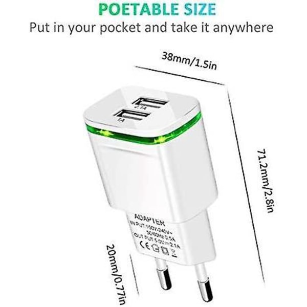 Kaksois-USB-seinälaturi LED-merkkivalolla, 2 kpl 2.1A 5V 2-porttinen yleisvirtalähde iPhonelle
