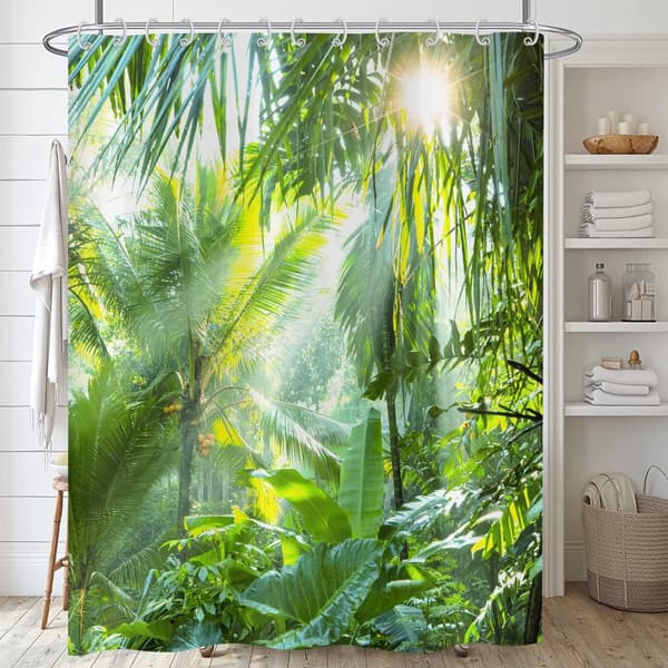 Badeforhæng, 100% polyester, vandtæt og skimmelresistent, tropisk bladdesign til badeværelset, grøn, 180 x 200 cm
