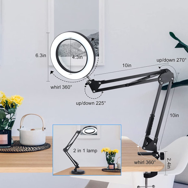 Forstørrelsesglas med lampe, 8x pandelampe med beslag, 3 farvetilstande, 10 trinløs dæmper, skrivebordsforstørrelsesglas, hvid