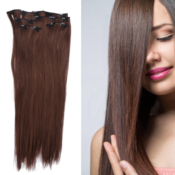 6 stk Kvinner rett hårforlengelse parykk stykke sett 16 klips syntetisk hår stykke styling verktøy 02#