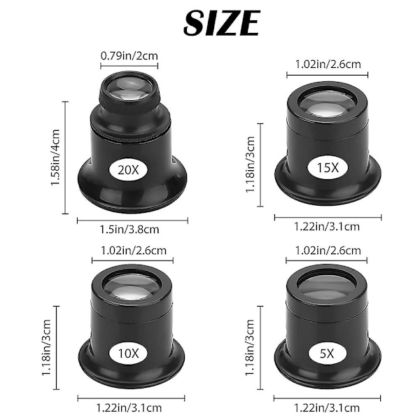 4 st Lupp Ögonglas Förstoringsglas Set 5x 10x 15x 20x Klockreparation Lupp Förstoringsglas