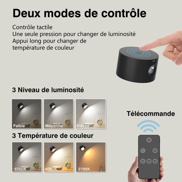Paris Vägglampa inomhus, vägglampa med dimbar fjärrkontroll, touch-kontroll, 3 ljusstyrkenivåer, 3 färgtemperaturer, 360° rotation