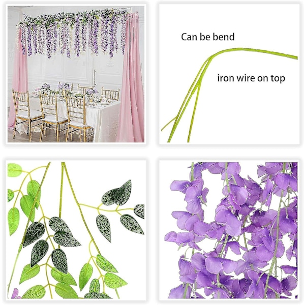24 stk Wisteria Hængende Blomster Kunstige Blomster Wisteria Vine Falske Blomster Hængende Girland Silkeblomsterstreng (Lilla)