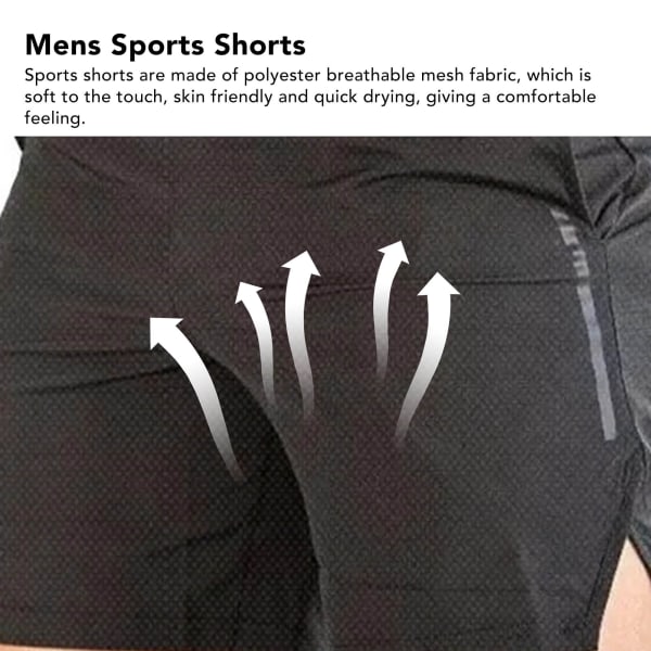 Sportsshorts for menn med lomme Hurtigtørrende pustende nettingsnørelukking Svart løpeshorts for menn for fitness Svart med hvit etikett L