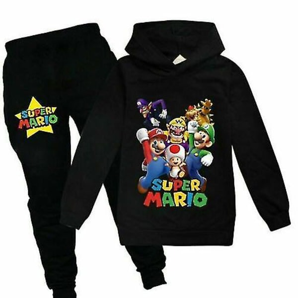 Super Mario Hoodie Topp Byxor Set Barn Pojkar Flickor Sportkläder Jogging Träningsoveraller_a Svart 1 130 (7-8 År)—PA