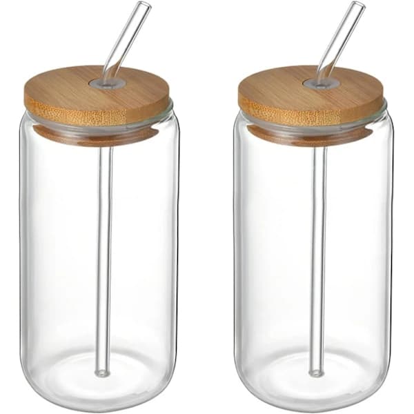 2-pack dricksglas med bambulock och sugrör, 500 ml ölglas för iskaffe, cocktails och vatten