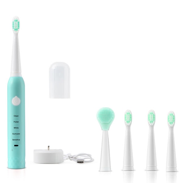 Elektrisk tandborste för vuxna, uppladdningsbar sonic tandborste, USB tandborste med mjuk borst ansiktstvätt två i ett Green