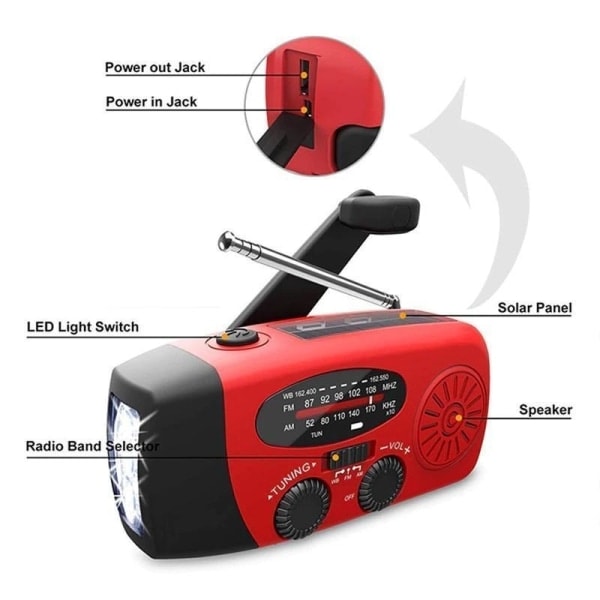 Crank Radio with Solar, Flashlight & 2000mAh Power Bank SOS Emergency - Red