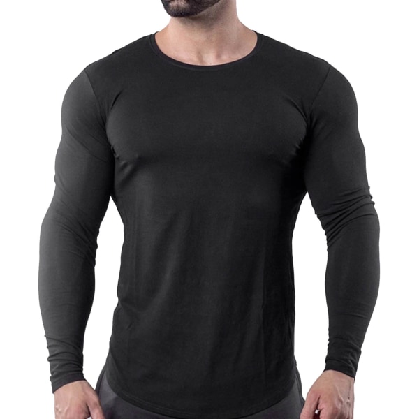Herre stram top elastisk hurtigtørrende bomuldsblanding langærmet T-shirt til fitnessløb Sort XXL