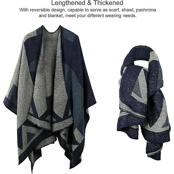 Vinter Sjal Omslag Poncho Cape - Dame Varm Åben Front Trykt Vendbar