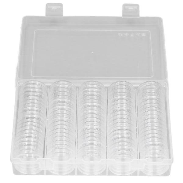 Kolikkoteline 100 kappaletta muovinen läpinäkyvä kolikon säilytyslaatikko kolikkokapseleineen kolikkokokoelmanäyttelyyn