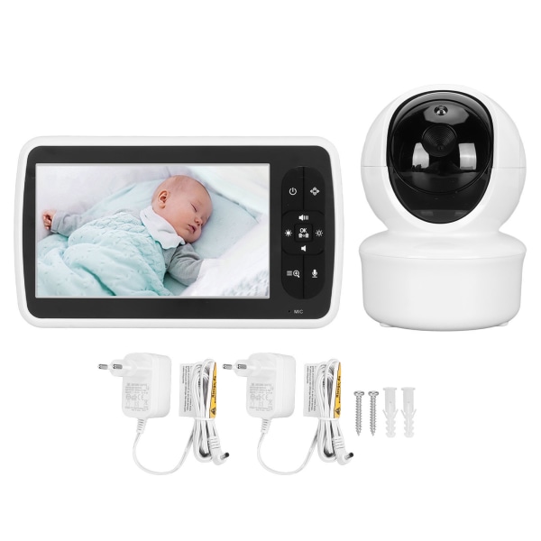Babyalarm med 5 tommer HD-skærm WiFi 2x zoomfjernbetjening Gimbal Night Vision Tovejslyd Babysvage Sikkerhedskamera EU-stik