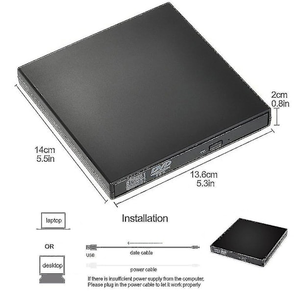 Paris_Extern CD/DVD-enhet, USB 2.0 Slim Bærbar Ekstern CD-RW-enhet DVD-RW-brenner Brenner for Bærbar PC Stasjonær Datamaskin, Svart