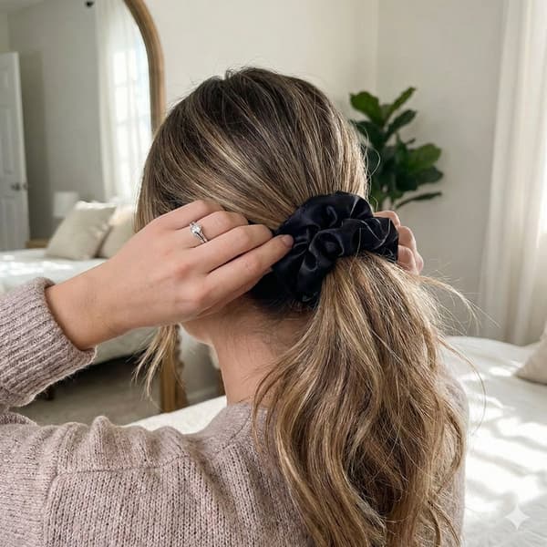 6-pak sorte satin scrunchies til kvinder, bløde silkebløde elastiske hårelastikker, skånsomme brede hårbånd til hestehaler, knolde, daglig brug og fest