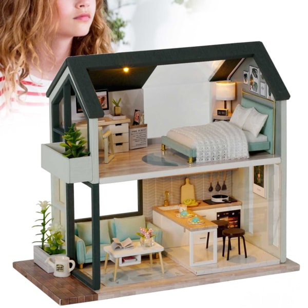 DIY tredukkehus miniatyr med møbler planter LED lys dekorasjon julegave til barnQL?001