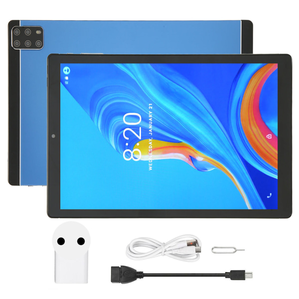 10,1 tums surfplatta för Android 12.0 5G WiFi 6GB 128GB Fram 2MP Bak 5MP 10 Core CPU IPS-skärm Tablet PC 100?240V Blå EU-kontakt