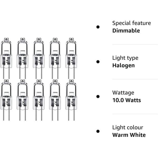 G4 halogenlampor 10W 12V - Varmvitt - 10-pack 10st 10W