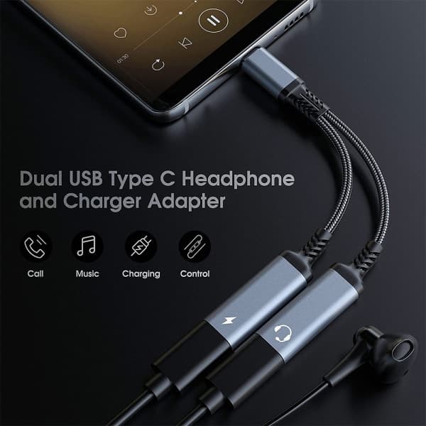 USB C Splitter, Multifunktionell, Laddning och Hörlurar Samtidigt