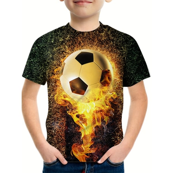 Flaming Football Grafisk T-paita för pojkar - 3D digitaalinen print, andningsbar ja stretchig Casual T-paita för utomhusaktiviteter sommar 160CM