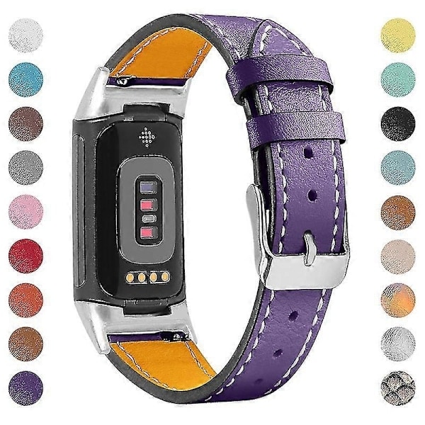 Premium Ægte Læder Justerbart Armbånd til Fitbit Charge 6/5 - Perfekt Lilla Purple Fitbit Charge 6