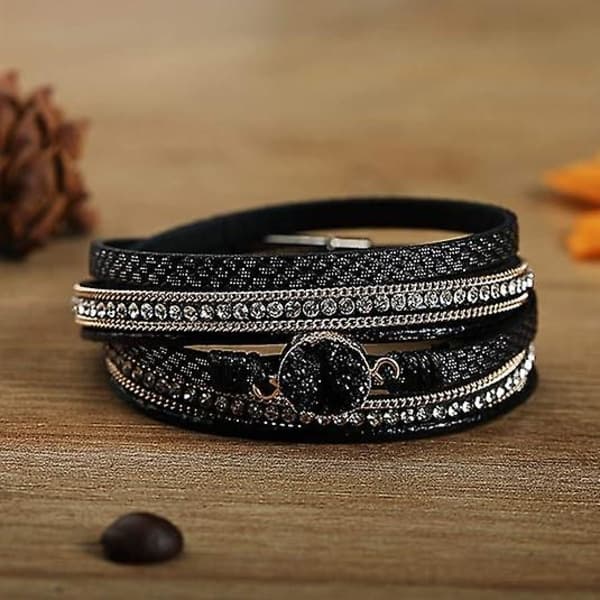 Læderarmbånd til kvinder, Boho Leopard Multilayer Krystalperler Manchetarmbånd Smykker