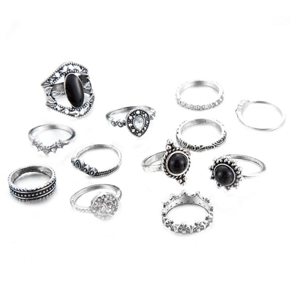 12 st Fashionabla legering svart onyx solkrona ring set för kvinna kvinnliga smycken tillbehör