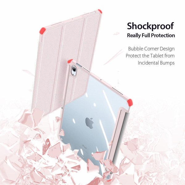 iPad Air 4 10.9 2020-fodral, Folio Tri-Fold Stativ Smartfodral med avtagbart tunt hårt skal genomskinlig baksida - rosa