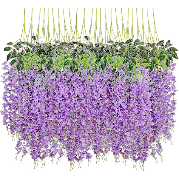 24 kpl Wisteria Riippuvat Tekokukat Wisteria Viiniköynnös Tekokukat Riippuvat Kranssi Silkki Kukat Nauha (Lila)