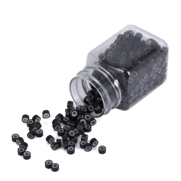 500 kpl / pullo ammattimaiset silikonivuoratut hiustenpidennysrenkaat helmet linkkiputkityökalu (musta)