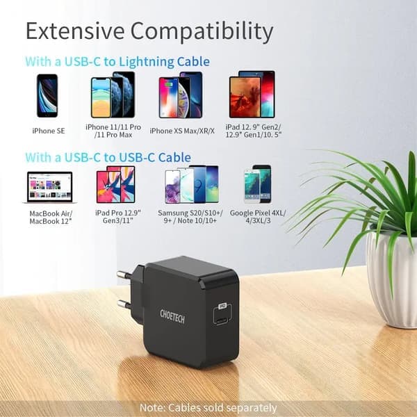 Choetech USB-C PD Seinälaturi, 30W, Musta—pa