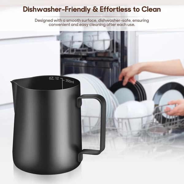 Sort mælkekande i rustfrit stål til baristakaffe, metalkande til mælkeskumning, mælkekande i rustfrit stål til kaffe - 350 ml (12 oz) black